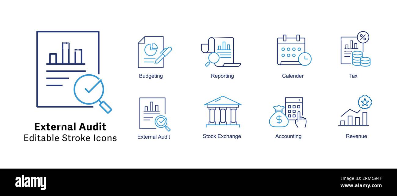 Symbole Für Externe Audit-Vektoren. Vektorsymbole für Auditberichte, Vektorsymbole für Compliance-Audits. Vektorsymbole für Finanzaudit. Vektorsymbole der Prüfliste. Ass Stock Vektor