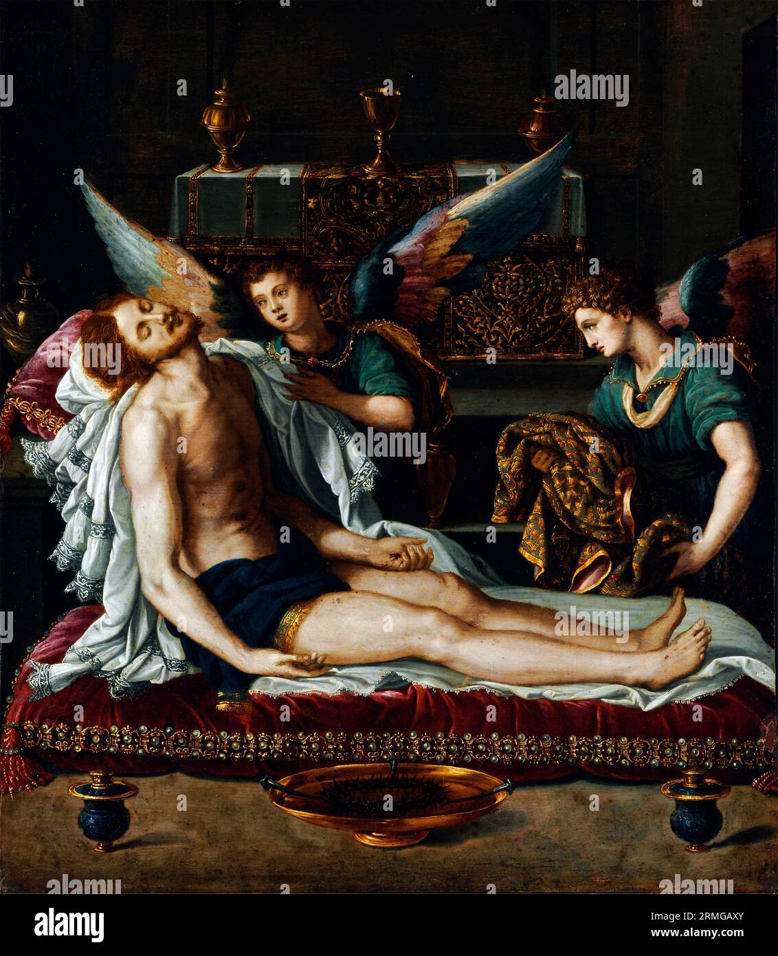 Der Körper Christi mit zwei Engeln von Alessandro Allori (1535–1607), Öl auf Kupfer, Anfang der 1590er Jahre Stockfoto