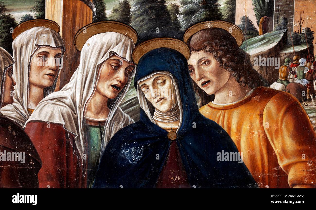 Die Jungfrau, Johannes der Evangelist und die Heiligen Frauen unter dem Kreuz von Angelo Zoppo, Fresko auf Leinwand, um 1490 Stockfoto