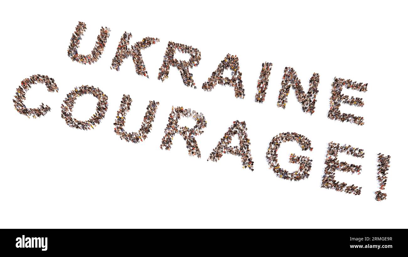 Konzept konzeptionelle Gemeinschaft von Menschen, die die Botschaft UKRAINE MUT. 3D-Illustration Metapher für Kampf, Geist, Entschlossenheit, Motivation Stockfoto