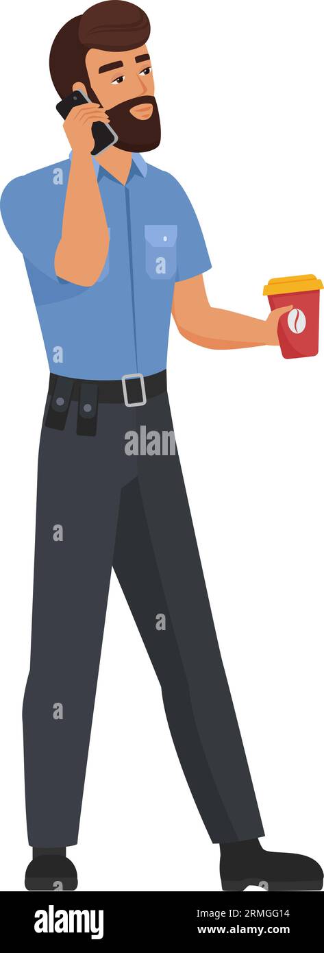 Polizist telefoniert. Polizeibeamter mit Kaffee-Cartoon-Vektor-Illustration zum Mitnehmen Stock Vektor