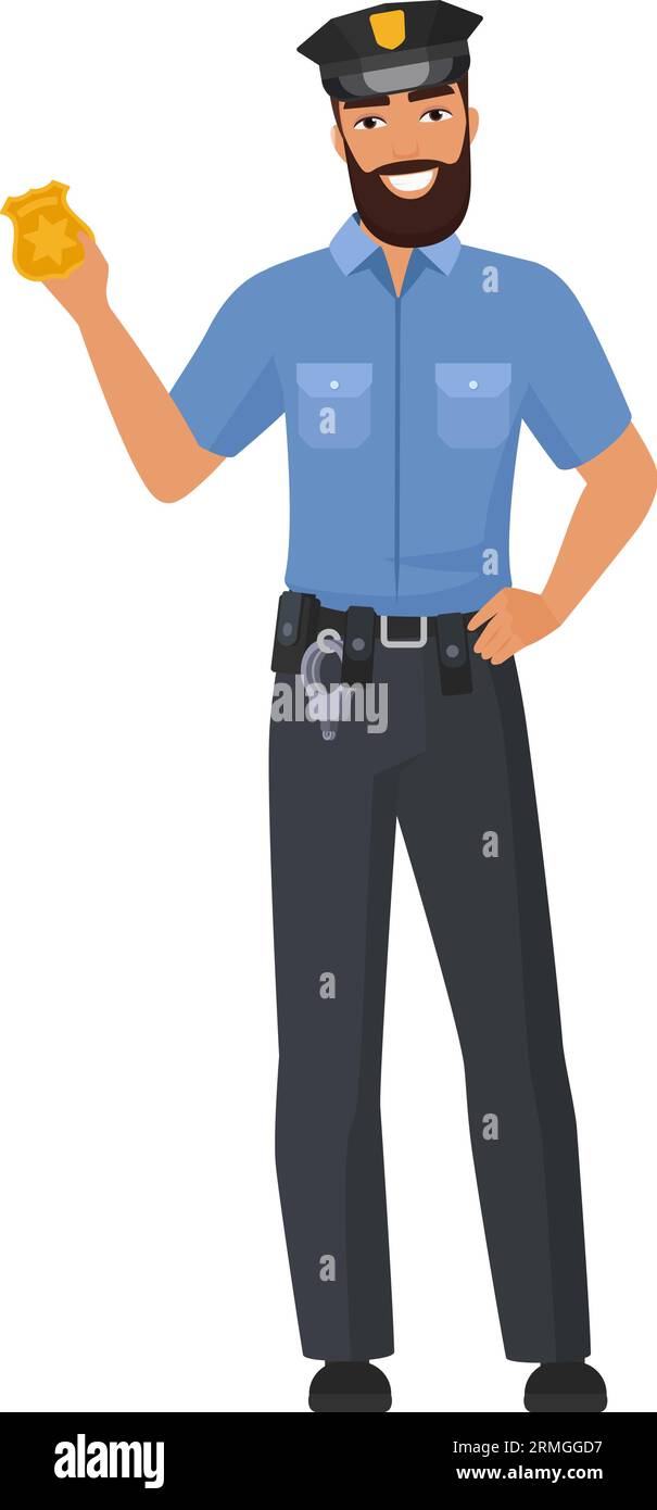 Polizist zeigt Polizeiabzeichen. Der Polizeibeamte zeigt die Illustration eines Zeichentrickvektors mit einem Ausweis Stock Vektor