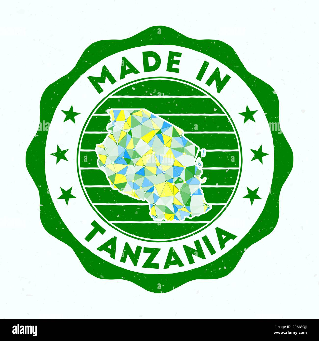 Hergestellt In Tansania. Länderstempel. Siegel aus Tansania mit Randform. Vintage-Abzeichen mit kreisförmigem Text und Sternen. Vektorabbildung. Stock Vektor