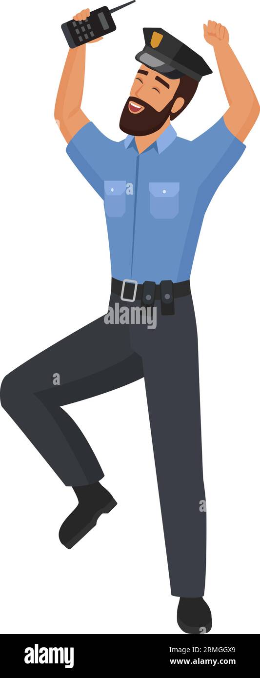Aufgeregter Polizist mit Walkie Talkie. Glücklicher Polizeibeamter in der Arbeit Uniform Cartoon Vektor Illustration Stock Vektor