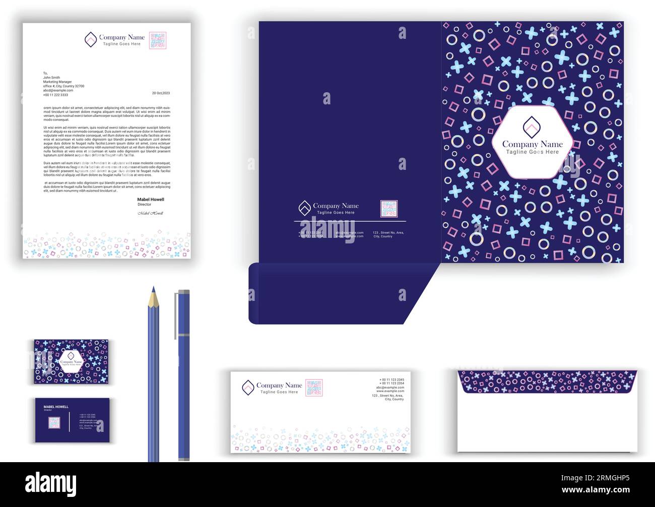 Schreibwarenset für Business Office Vector Design mit Briefkopf, Umschlag, Präsentationsmappe, Visitenkarte mit qr-Code, blaues Schreibwarenset Stock Vektor