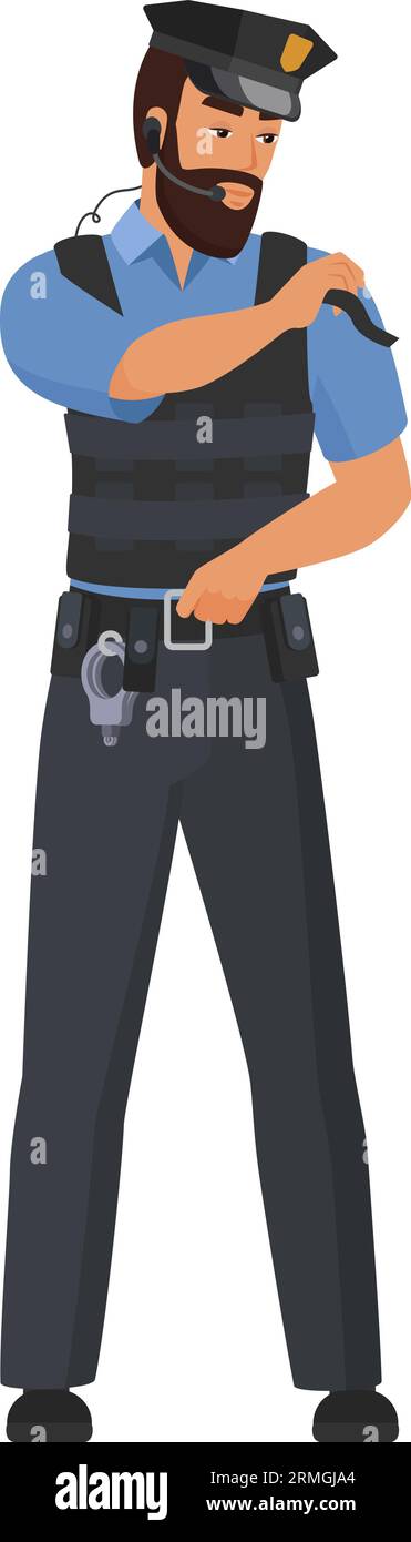 Polizist spricht auf Kopfhörern. Streifenpolizist mit Walkie Talkie-Zeichentrick-Vektor-Illustration Stock Vektor