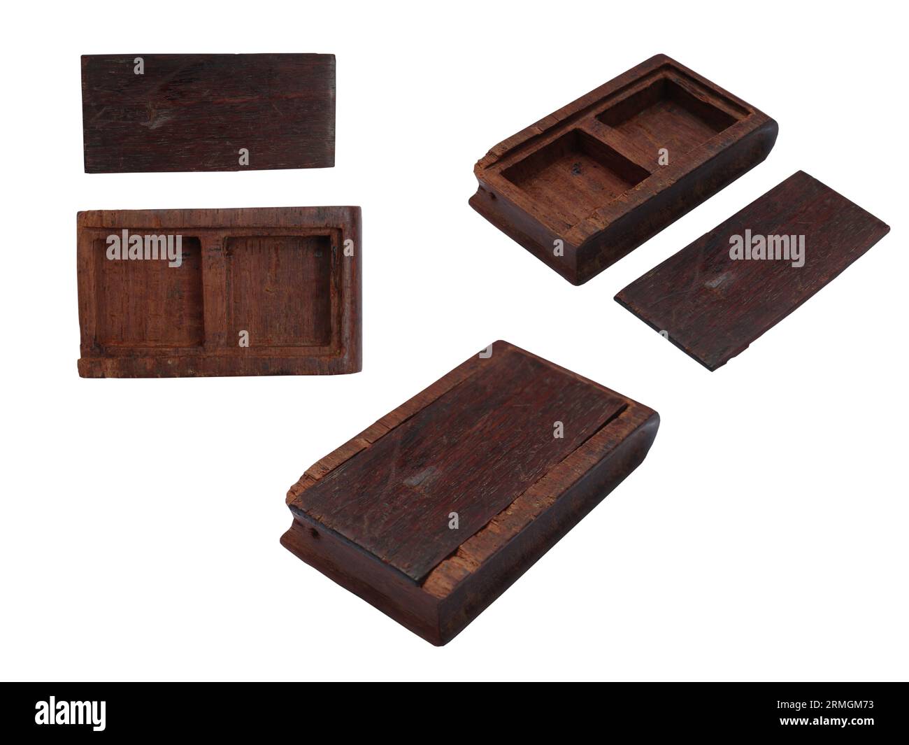 Mehrere Winkelansichten einer alten winzigen Holzkiste mit einem verschiebbaren Deckelrahmen. Diese kleine Box aus einem roten Sandelholzstamm (Pterocarpus Santalinus) Stockfoto