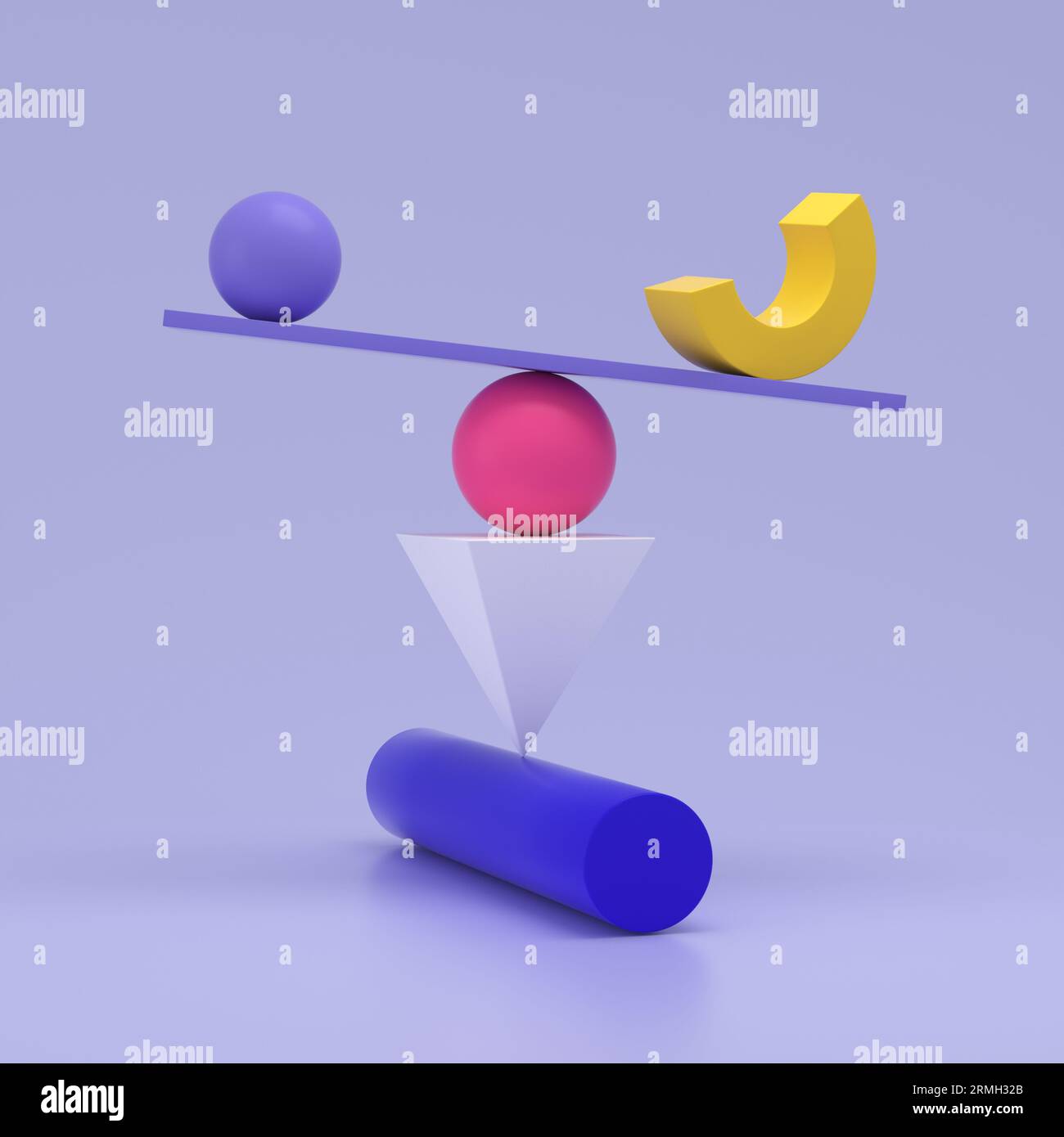 Extreme Balance verschiedener geometrischer Figuren am Zylinder. 3D-Rendering. Stockfoto