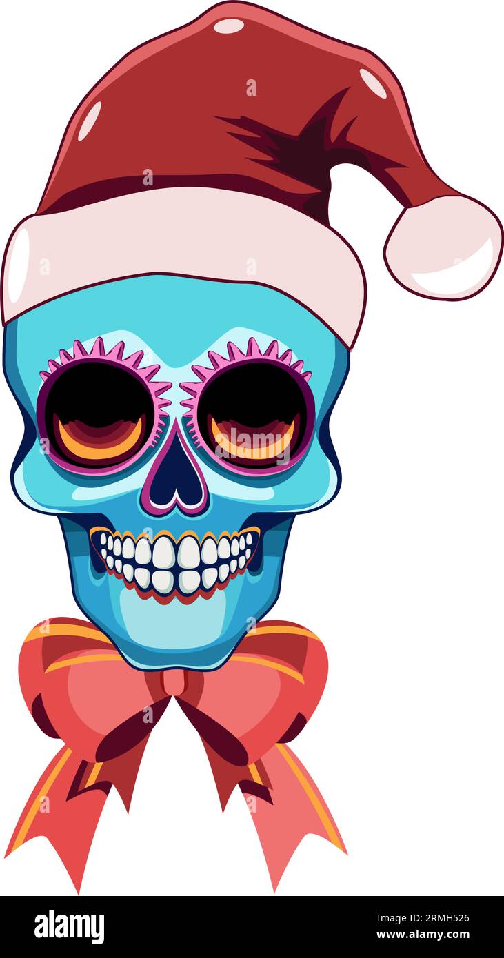 Ein Schädel in einem Weihnachtsmütze und eine Schleifenvektor-Illustration Stock Vektor