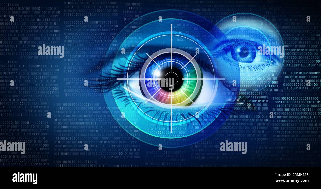 Biometrischer Sicherheitshintergrund und digitale Identität als Iris-Scan-Erkennung oder Netzhautscan als Methode der biometrischen Identifizierung Stockfoto