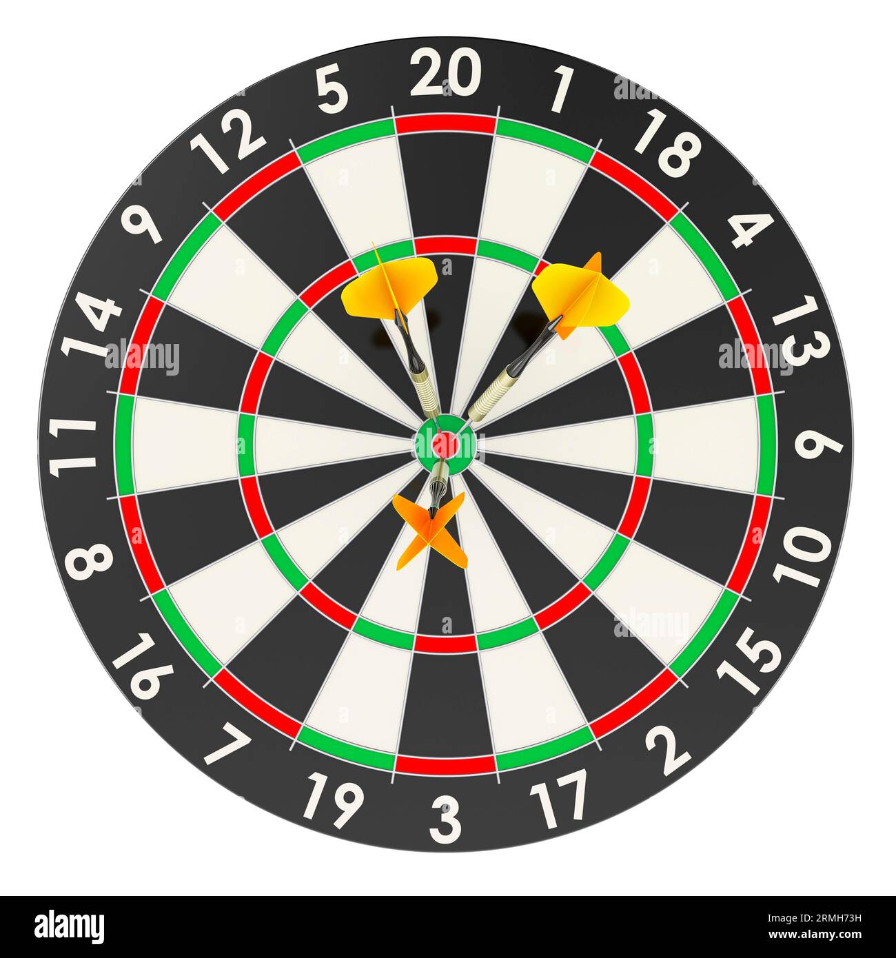 Dartscheibe mit Pfeilen in Bullseye, Vorderansicht. 3D-Rendering isoliert auf weißem Hintergrund Stockfoto