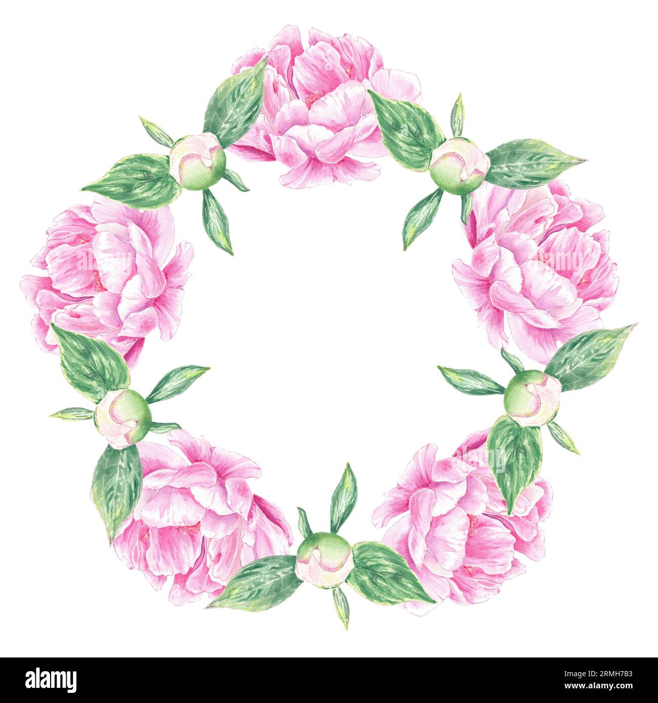 Aquarellkranz mit rosa Peonys, handgezeichnet in botanischem Stil für die Verwendung in der Präsentation, Hochzeit, Urlaub und Natur Design Einladung, Logo. Blumen Stockfoto