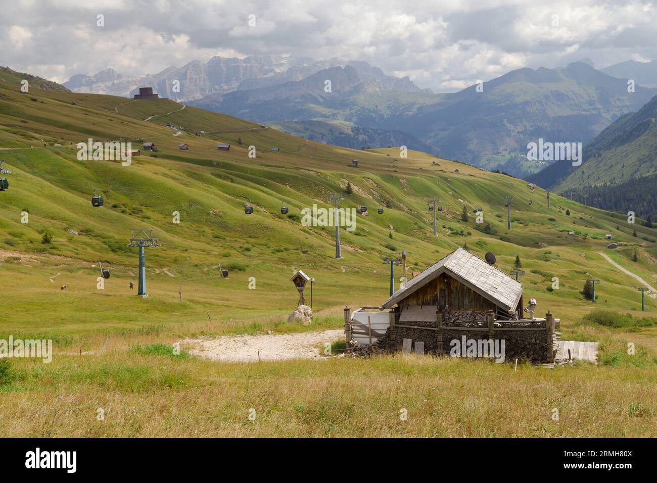 Wiesen am Pordoi Pass, Dolomiten, Italien. Stockfoto
