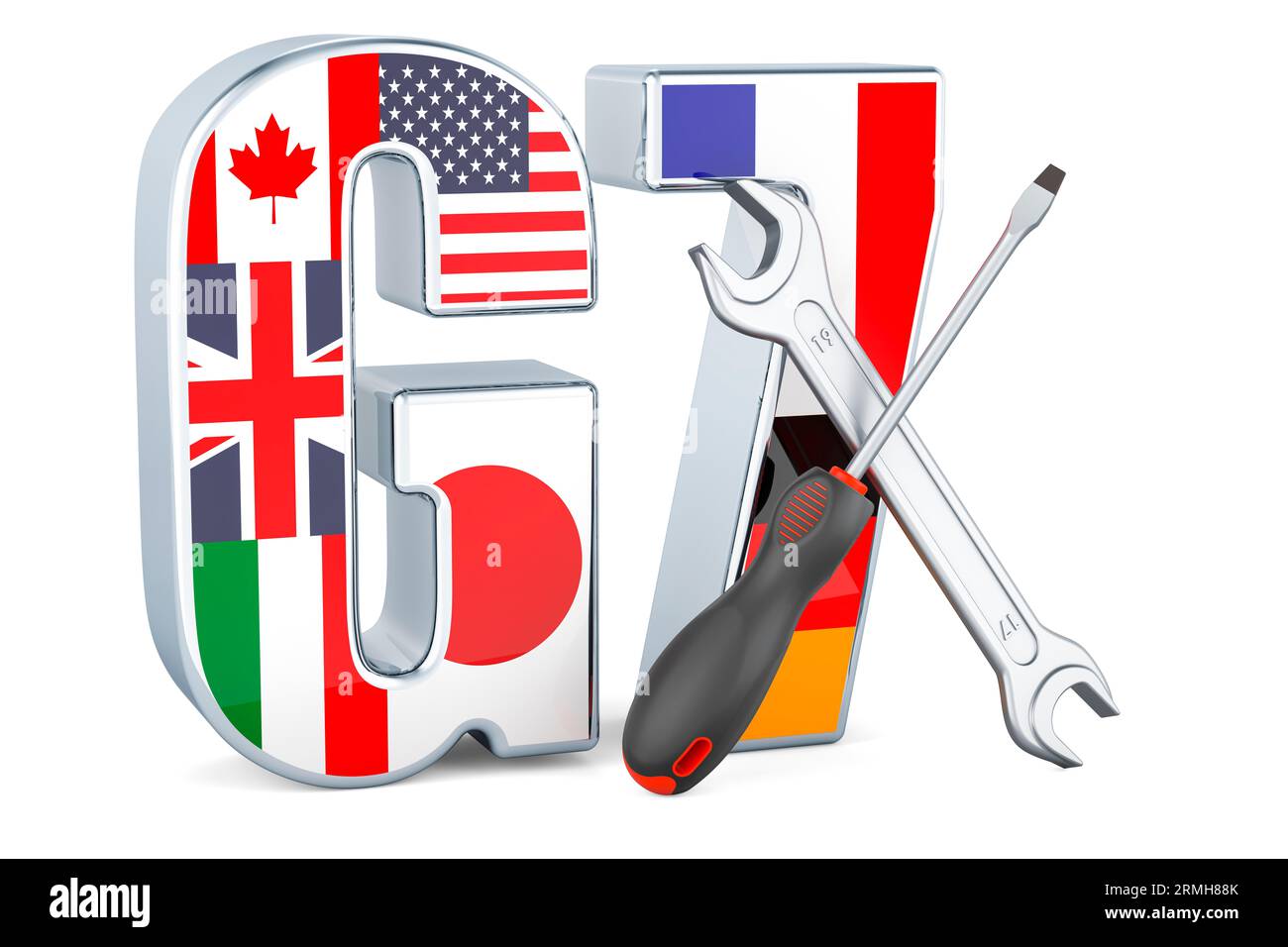 G7 mit Schraubendreher und Schraubenschlüssel, 3D-Rendering isoliert auf weißem Hintergrund Stockfoto