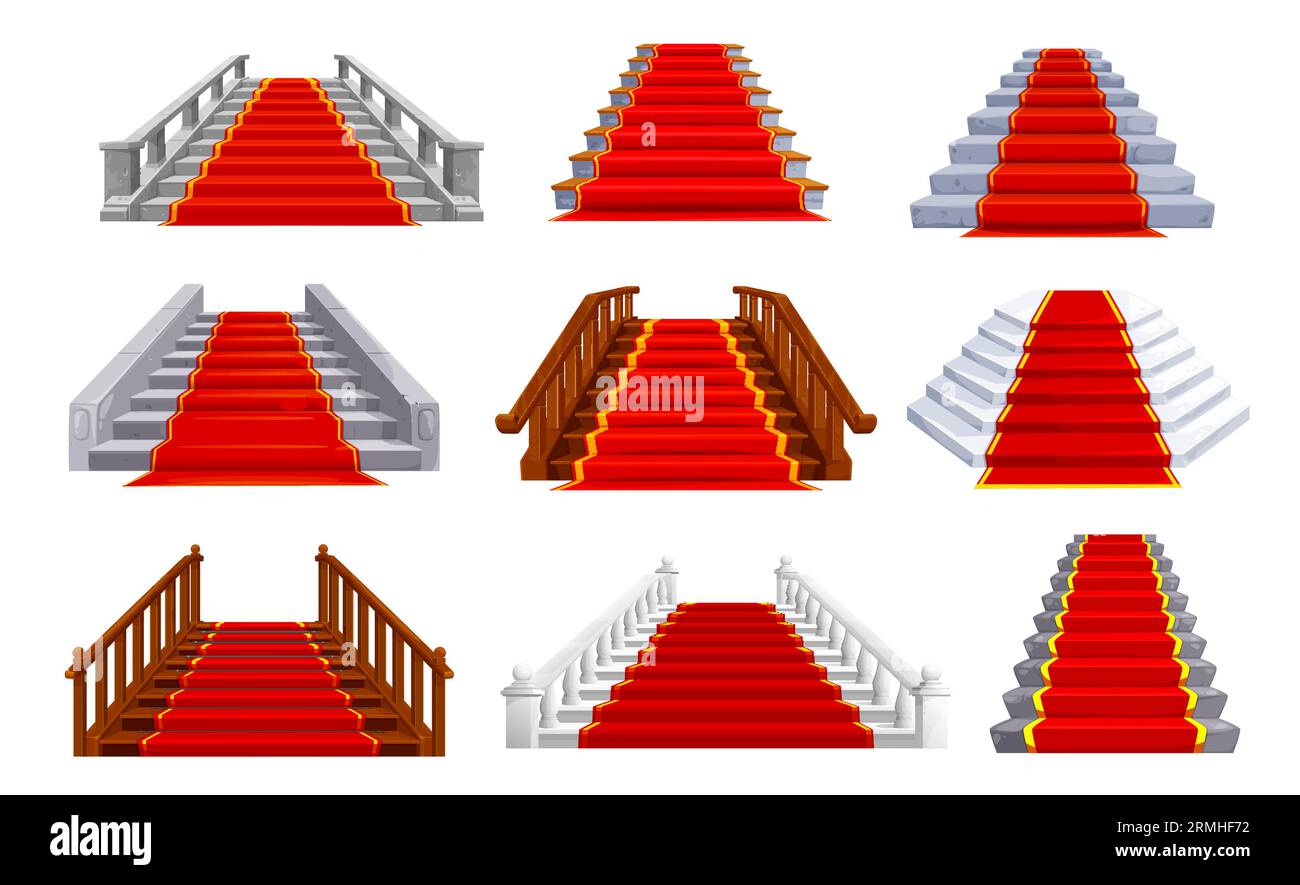 Schloß- und Schlosstreppen. Stein- und Holztreppen mit rotem Teppich. Fantasy Ballsaal, Theater oder Königspalast isolierte Treppe, Museumshalle mar Stock Vektor