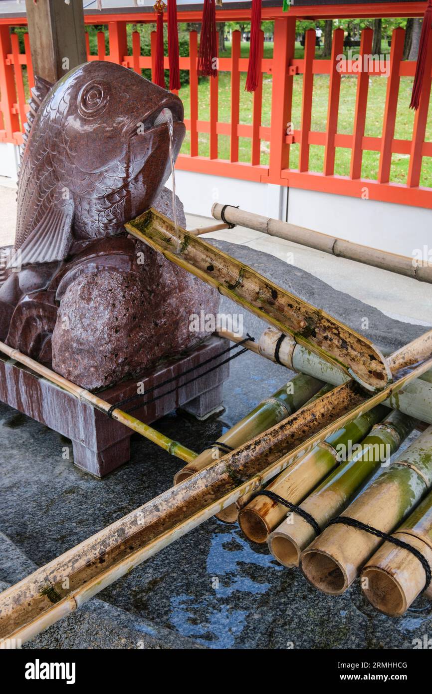 Japan, Kyushu, Fukuoka, Hakata. Toka-Ebisu-Shinto-Schrein. Brunnen für rituelle Entlutionen, bevor er sich dem Schrein nähert. Stockfoto