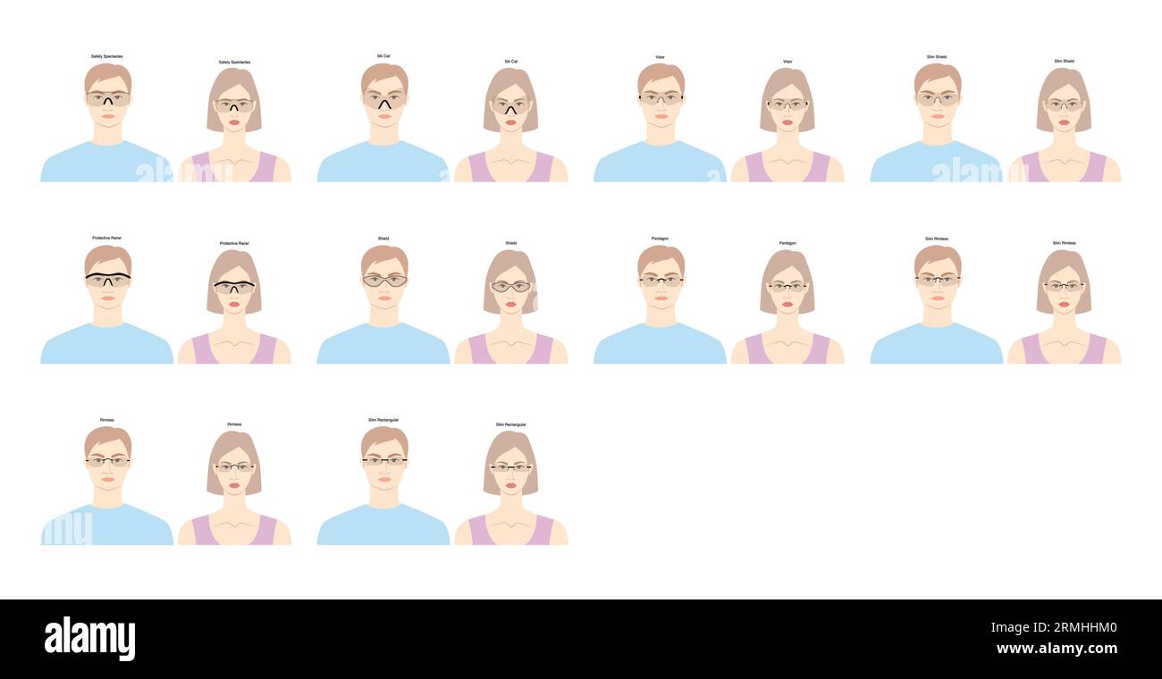 Set mit rahmenlosen Brillen auf Frauen und Männer flache Figur Mode Accessoire Illustration. Sonnenbrille, Vorderansicht, Unisex-Silhouette, Brillenrand, Linsenskizze isoliert auf weiß Stock Vektor