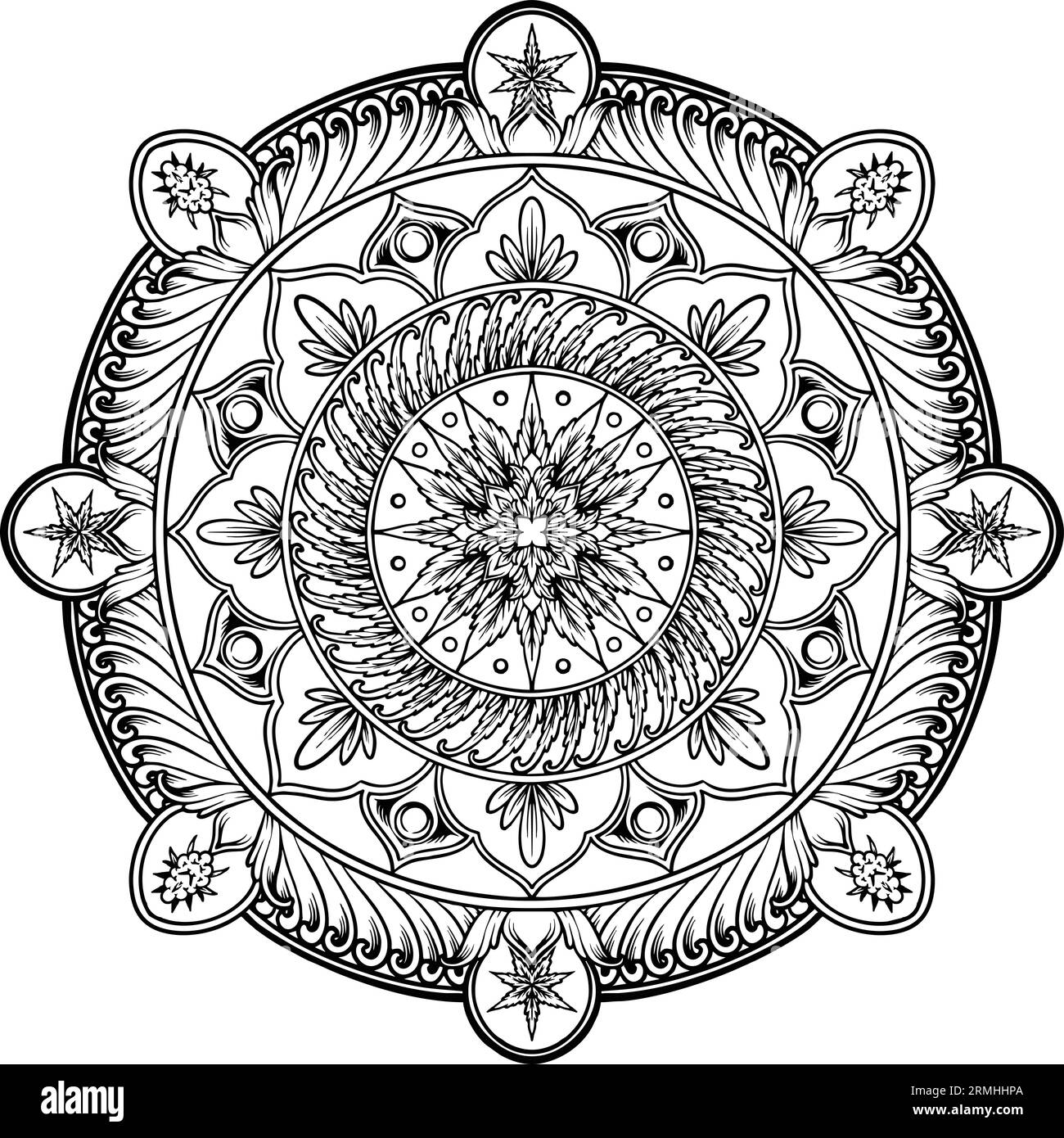 Psychedelische Mandala mit Marihuanablättern, Illustrationen monochromer Vektorgrafiken für Ihr Arbeitslogo, Merchandise-T-Shirt, Aufkleber und l Stock Vektor