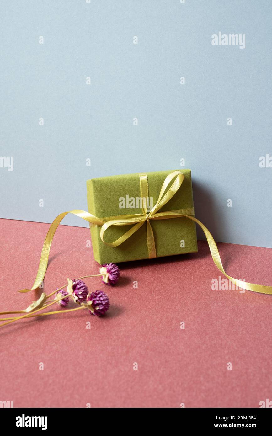 Grüne Geschenkbox und lila trockene Blume auf rotem Tisch. Grauer Hintergrund Stockfoto