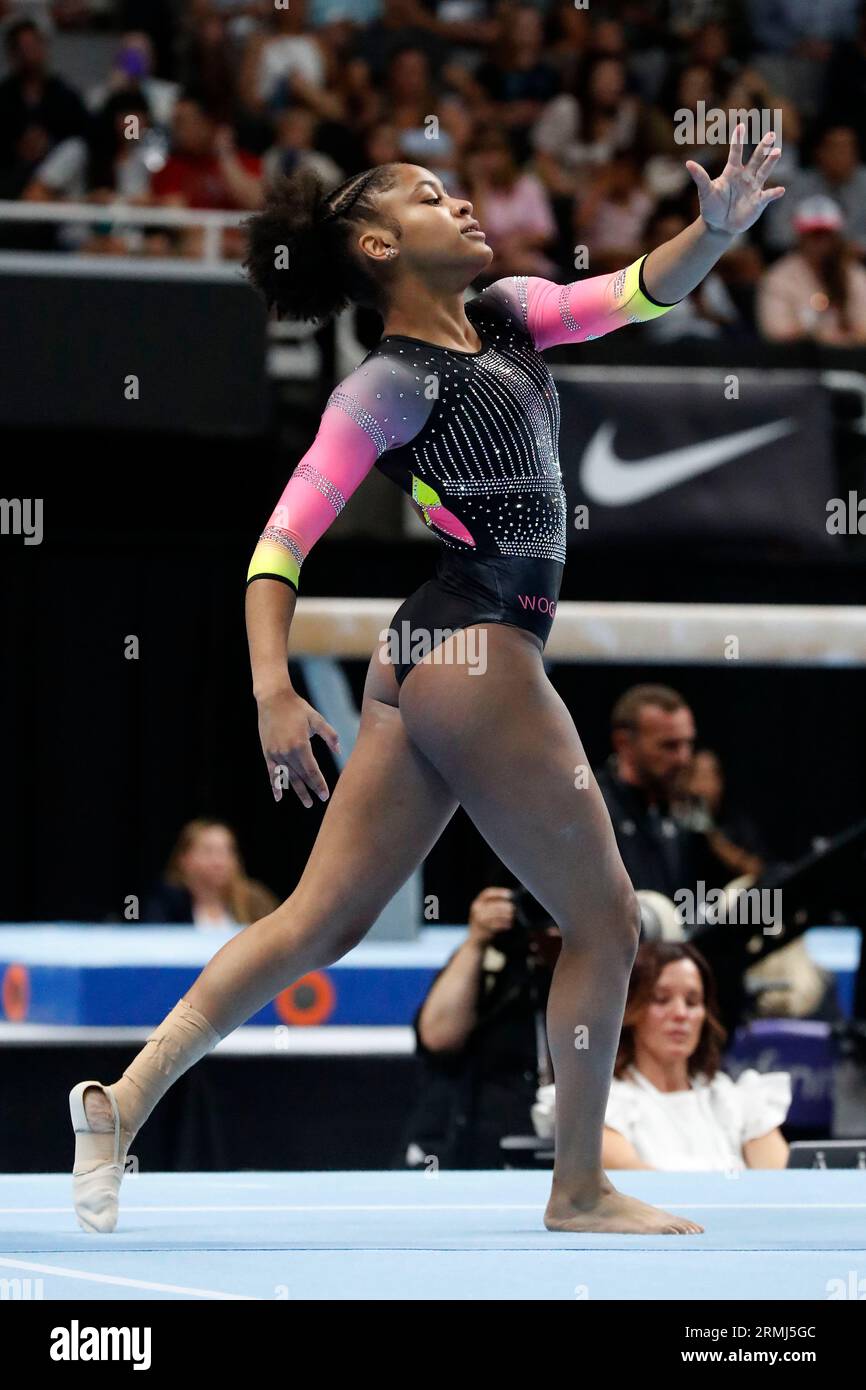 San Jose, Kalifornien, USA. 27. August 2023. Skye Blakely (219) nimmt am Sonntag, den 27. August 2023, an den Xfinity U.S. Gymnastics Championships im SAP Center in San Jose, Kalifornien, Teil 2023 (Bild: © David G. McIntyre/ZUMA Press Wire). NUR REDAKTIONELLE VERWENDUNG! Nicht für kommerzielle ZWECKE! Stockfoto