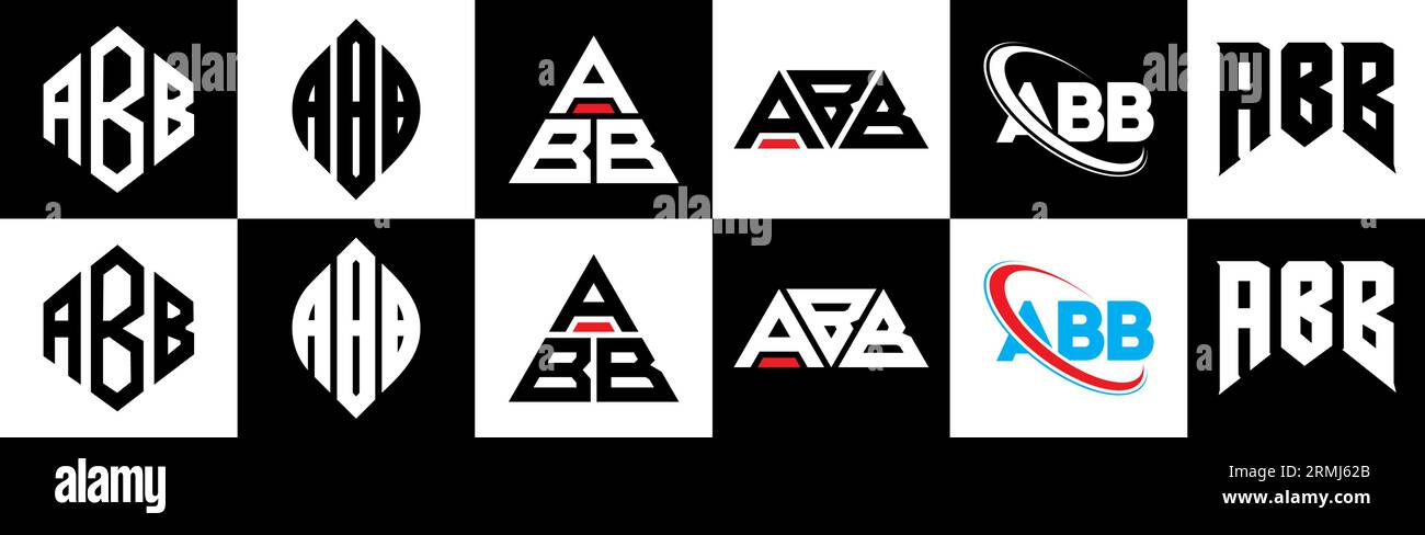 ABB Logo-Design in sechs Farben. ABB-Polygon, Kreis, Dreieck, Sechseck, flacher und einfacher Stil mit schwarz-weißer Farbvariation Buchstaben Logo se Stock Vektor