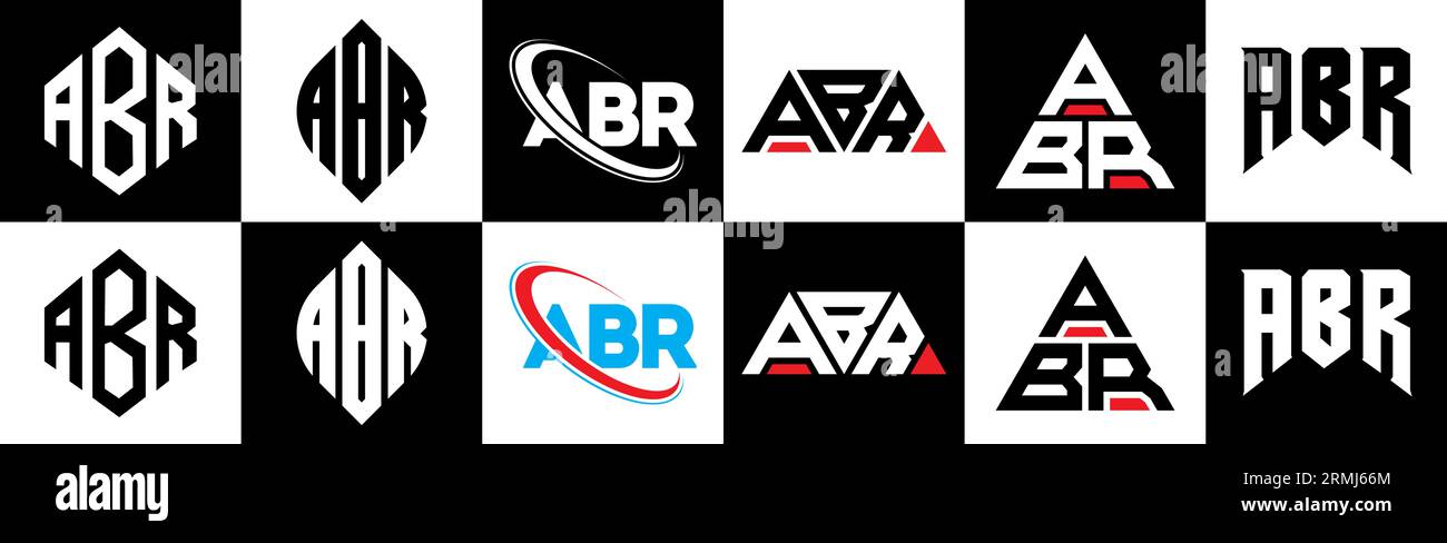 ABR Logo-Design in sechs Farben. ABR-Polygon, Kreis, Dreieck, Sechseck, flacher und einfacher Stil mit schwarz-weißer Farbvariante des Buchstaben-Logos Stock Vektor