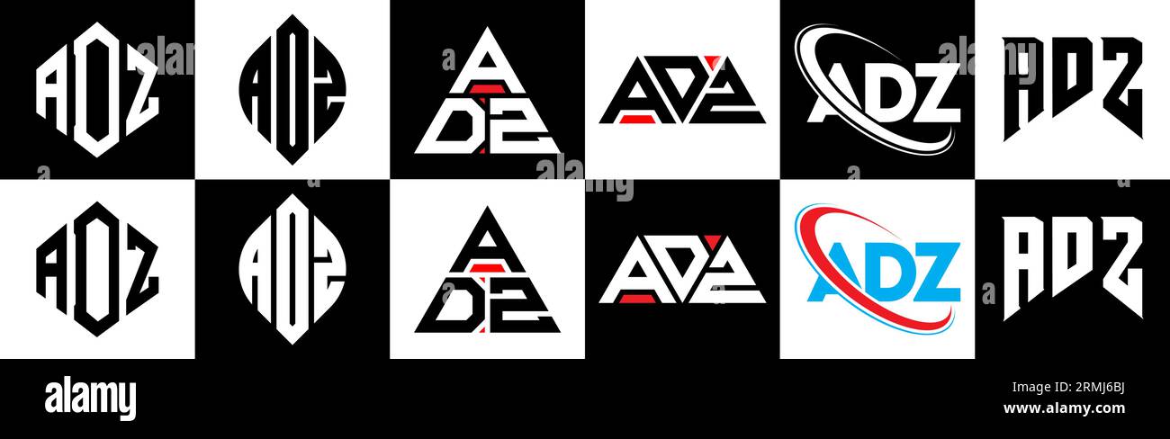 Logo-Design mit ADZ-Buchstaben in sechs Ausführungen. ADZ-Polygon, Kreis, Dreieck, Sechseck, flacher und einfacher Stil mit schwarz-weißer Farbvariante des Buchstaben-Logos Stock Vektor