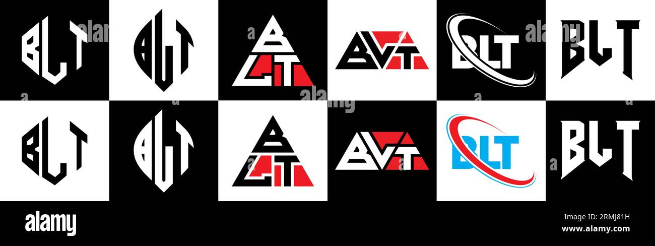 BLT Logo-Design in sechs Ausführungen. BLT-Polygon, Kreis, Dreieck, Sechseck, flacher und einfacher Stil mit schwarz-weißer Farbvariante Buchstaben Logo se Stock Vektor