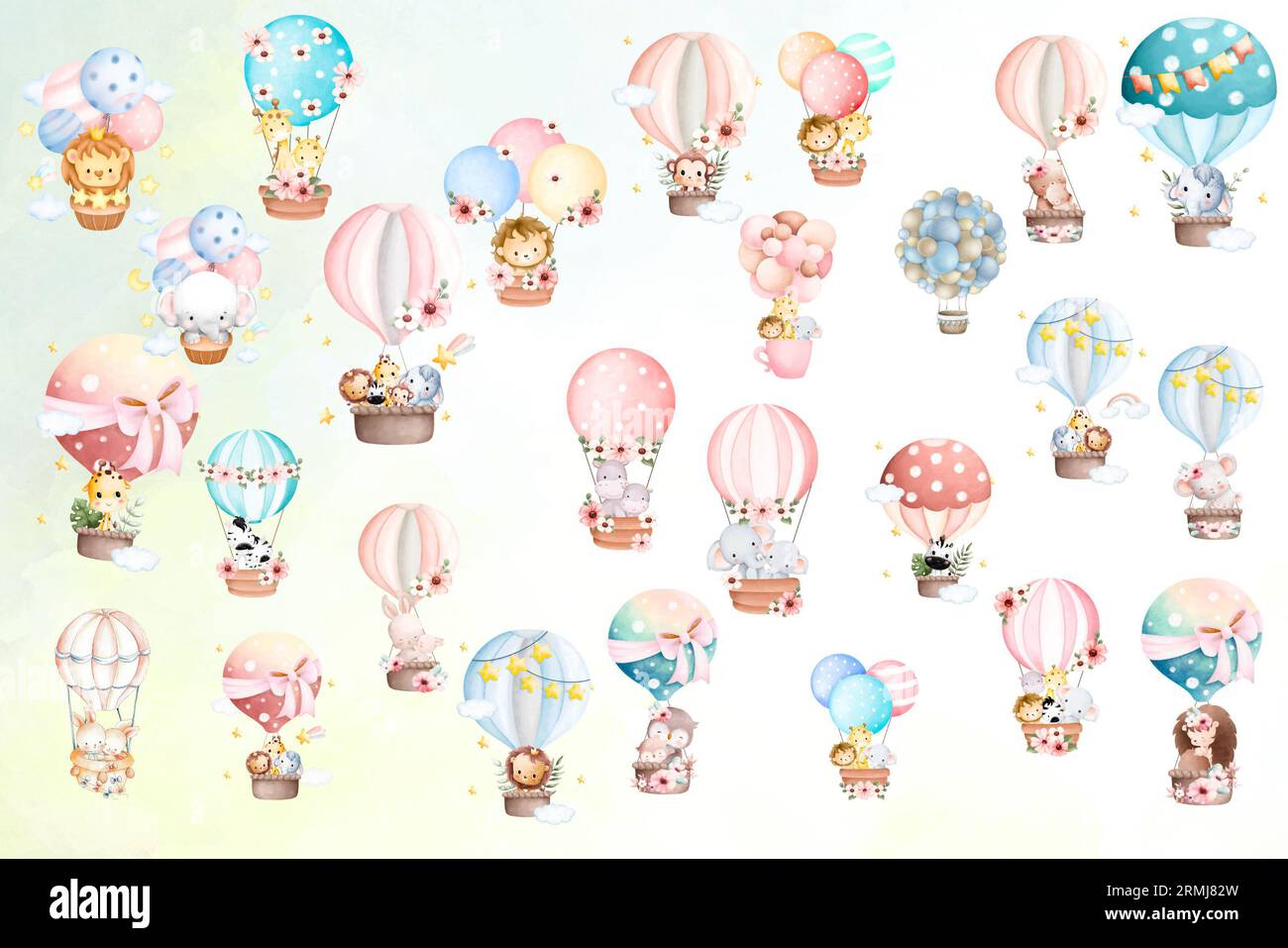 Wasserfarben-Heißluftballons mit Baby-Tiersammlung Stockfoto