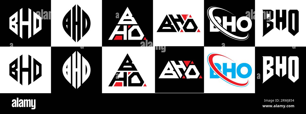 BHO Logo-Design mit Buchstaben in sechs Ausführungen. BHO-Polygon, Kreis, Dreieck, Sechseck, flacher und einfacher Stil mit schwarz-weißer Farbvariante des Buchstaben-Logos Stock Vektor