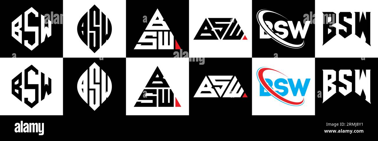 BSW-Logo-Design in sechs Ausführungen. BSW-Polygon, Kreis, Dreieck, Sechseck, flache und einfache Ausführung mit schwarz-weißer Farbvariante Buchstaben Logo se Stock Vektor