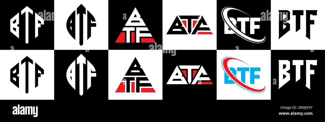 Logo mit BTF-Buchstaben in sechs Ausführungen. BTF-Polygon, Kreis, Dreieck, Sechseck, flacher und einfacher Stil mit Schwarz-weiß-Farbvariation Buchstaben Logo se Stock Vektor