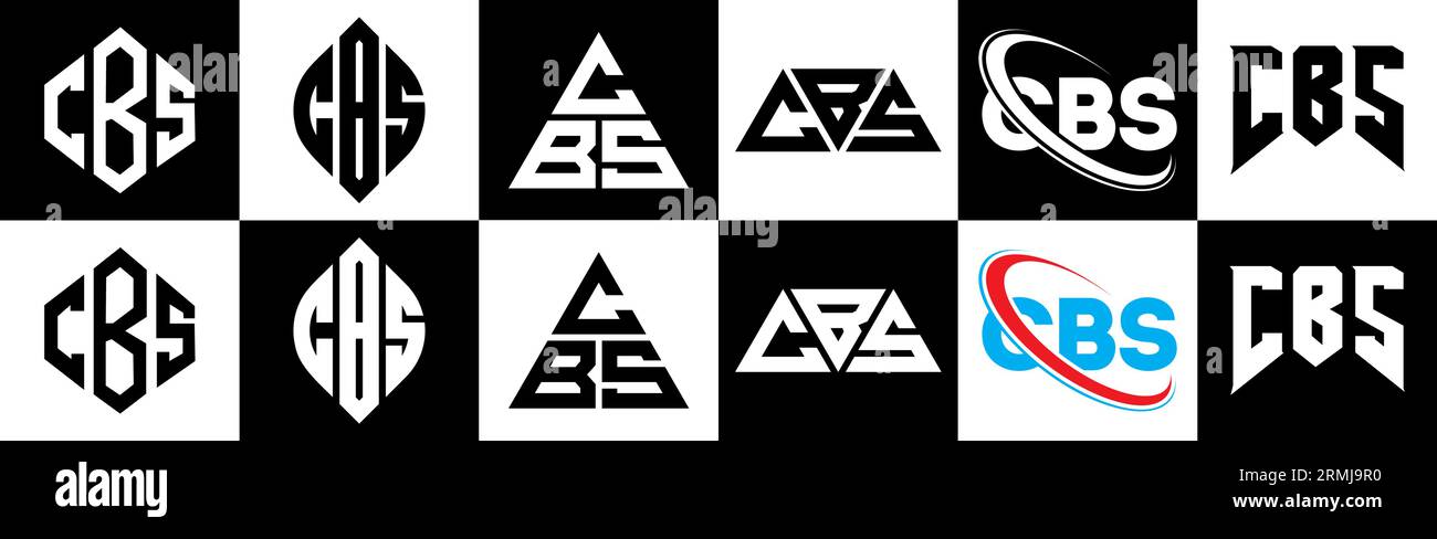 Logo-Design mit CBS-Buchstaben in sechs Ausführungen. CBS-Polygon, Kreis, Dreieck, Sechseck, flacher und einfacher Stil mit Schwarz-weiß-Farbvariation Buchstaben Logo se Stock Vektor