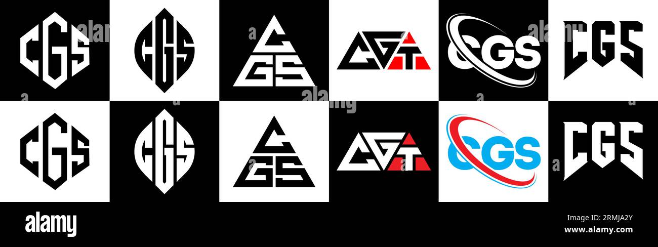 CGS-Logo-Design in sechs Ausführungen. CGS-Polygon, Kreis, Dreieck, Sechseck, flacher und einfacher Stil mit Schwarz-weiß-Farbvariation Buchstaben Logo se Stock Vektor