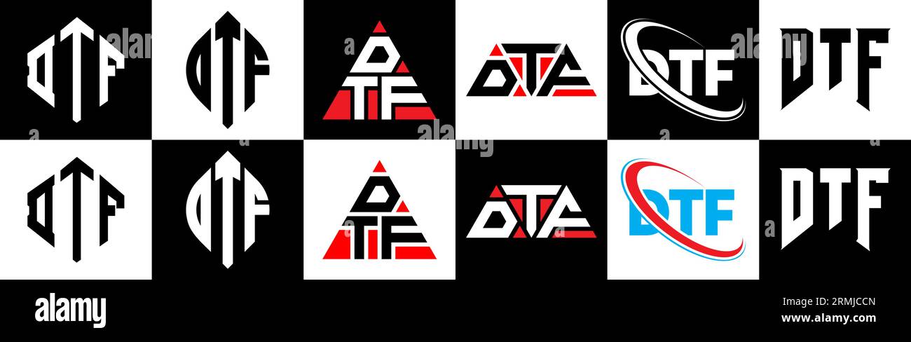 Logo mit DTF-Buchstaben in sechs Ausführungen. DTF-Polygon, Kreis, Dreieck, Sechseck, flacher und einfacher Stil mit Schwarz-weiß-Farbvariation Buchstaben Logo se Stock Vektor