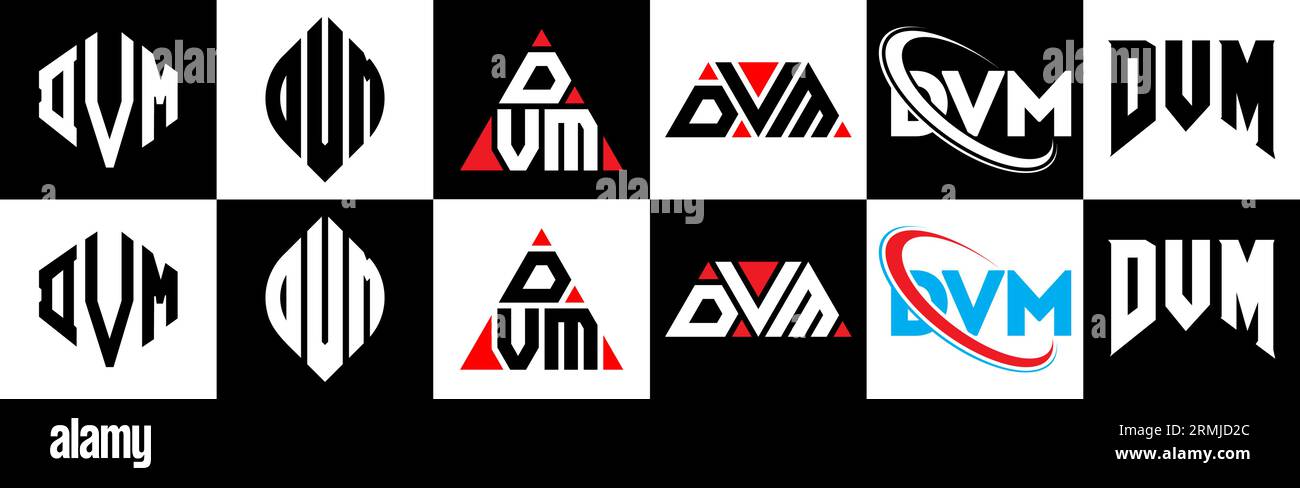 DVM-Logo-Design im 6er-Stil. DVM-Polygon, Kreis, Dreieck, Sechseck, flacher und einfacher Stil mit Schwarz-weiß-Farbvariation Buchstaben Logo se Stock Vektor