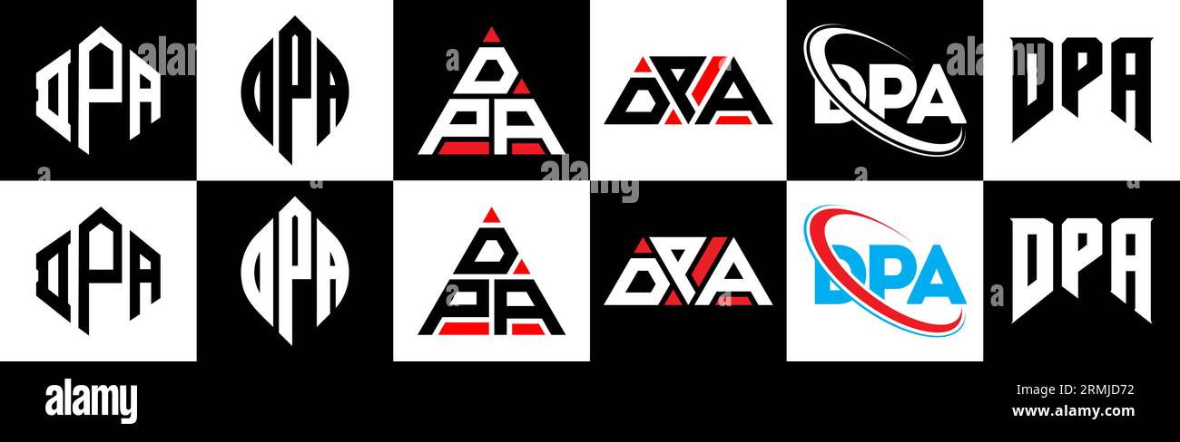 Logo mit DPA-Buchstaben in sechs Ausführungen. DPA-Polygon, Kreis, Dreieck, Sechseck, flacher und einfacher Stil mit Schwarz-weiß-Farbvariation Buchstaben Logo se Stock Vektor