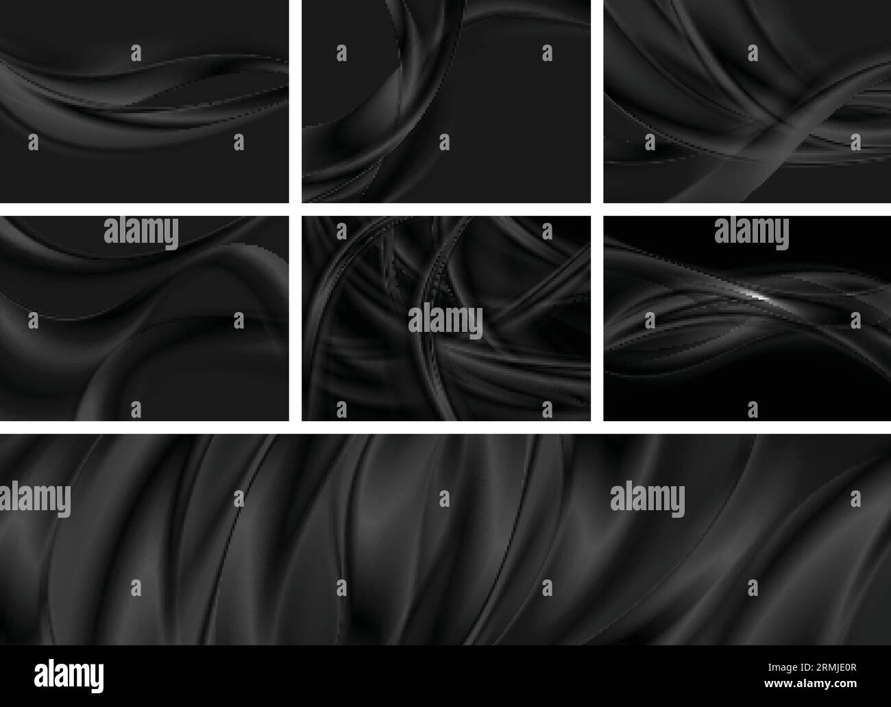 Set aus schwarzen abstrakten, glatten, welligen Hintergründen. Hochglanz-Flüssigwellen-Vektorset-Design Stock Vektor