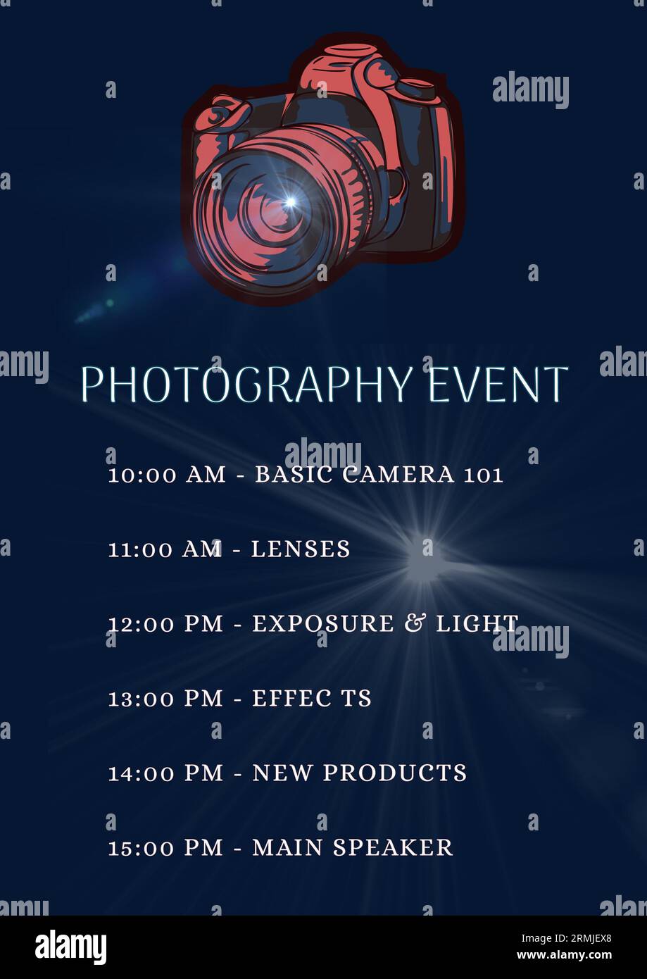 Abbildung: Kamera, Lichtstrahl, Fotoereignis, Zeitpläne, Basiskamera 101, Objektive, Effekte Stockfoto