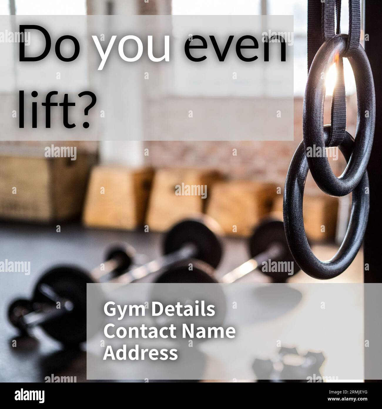 Kombination aus Do You Even Lift, Fitnessdetails, Kontaktname, Adresstext über Gymnastikgeräten Stockfoto