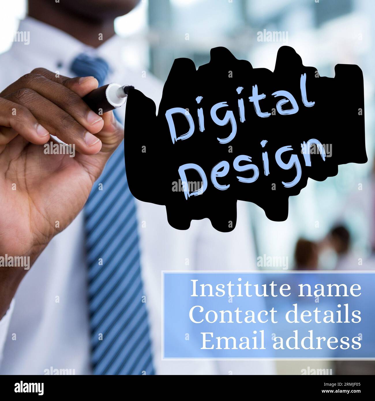 Hand eines afroamerikanischen Geschäftsmannes, der digitales Design, Institutsname, Kontakt, E-Mail schreibt Stockfoto