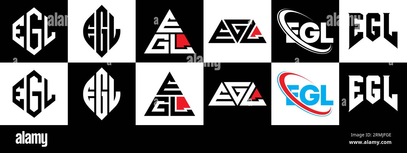 EGL Logo-Design in sechs Farben. EGL-Polygon, Kreis, Dreieck, Sechseck, flacher und einfacher Stil mit schwarz-weißer Farbvariante des Buchstaben-Logos Stock Vektor