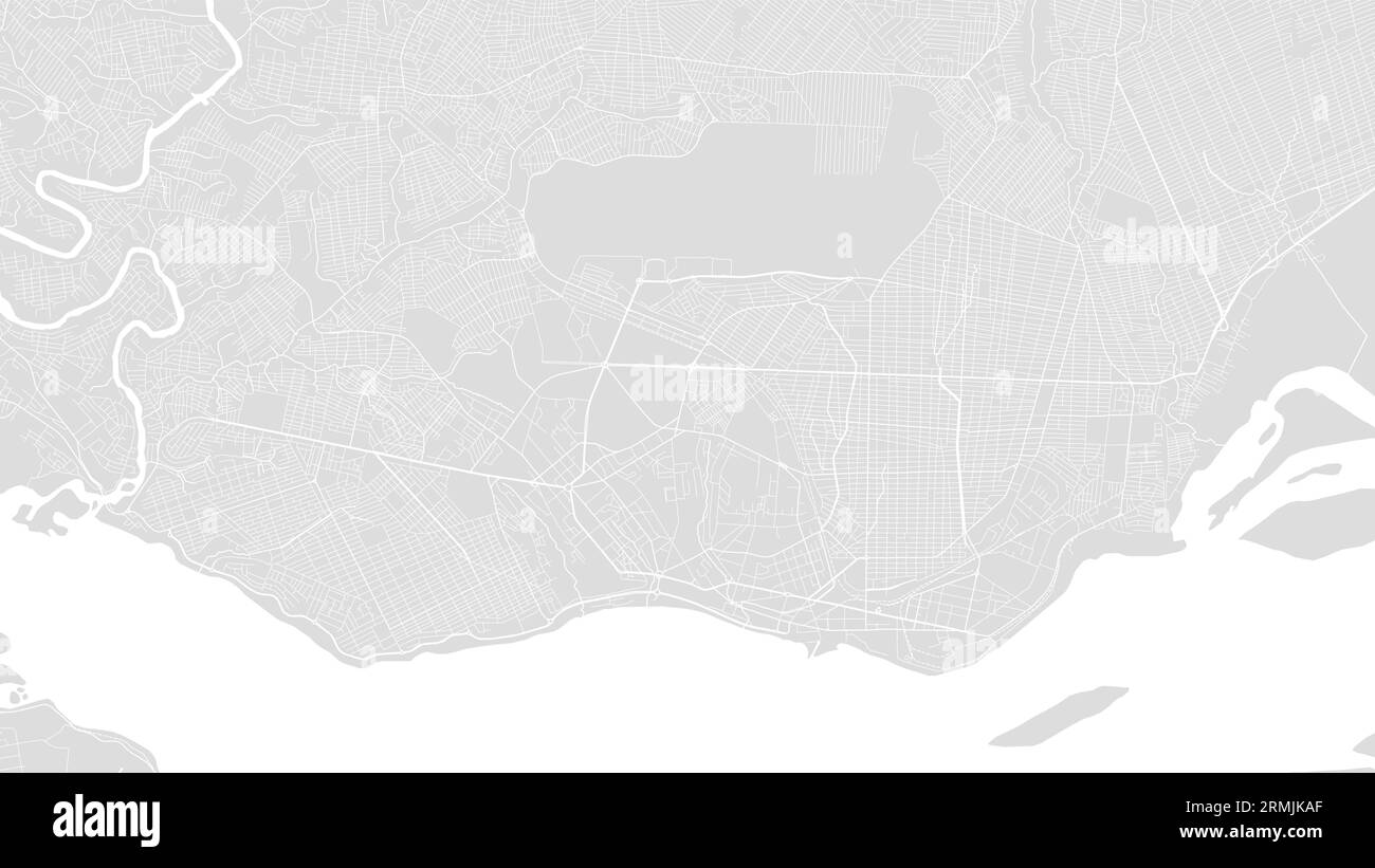 Weiße und hellgraue Brazzaville Stadtgebiet, Republik Kongo, Vektorhintergrundkarte, Straßen und Wasser Illustration. Breitbildformat, digital Stock Vektor