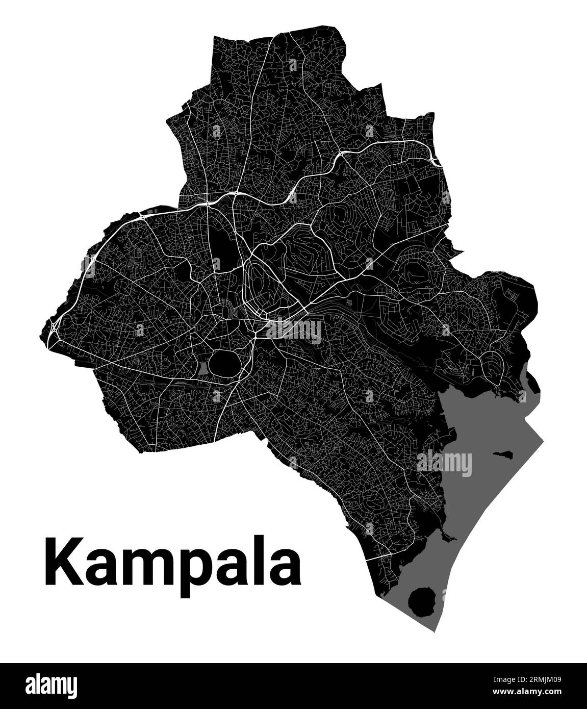 Karte von Kampala, Uganda. Detaillierte schwarze Karte des Verwaltungsgebiets der Stadt Kampala. Stadtbild-Poster mit Blick auf die Metropolitanarie. Schwarzes Land mit weißen Straßen und Stock Vektor