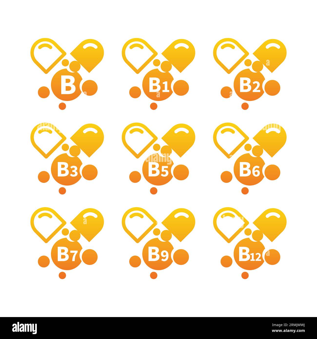 Vitamin-b-Komplex-Kapseln Symbolset. Symbole Vitamine b1, b3, b9 und b12. Stock Vektor