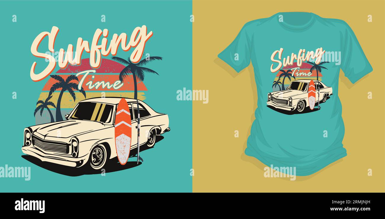 Surfzeit T-Shirt Design Vektor Illustration, Strand, Surfen, Zeit zum Surfen, Palme Stock Vektor
