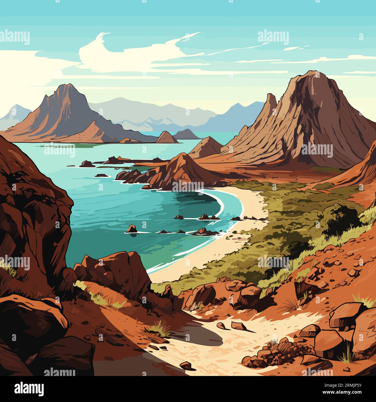 Eine Zeichnung der Komodo-Inseln, Reisebillustration, sonniges Wetter, helle detailreiche Wolken, großartige Weitsicht, detailreiche Vektorkunst, emotionale Felder Stock Vektor