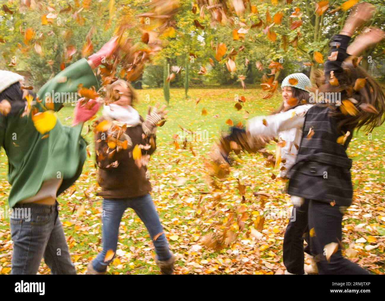Junge Mädchen spielen mit Blätter im park Stockfoto