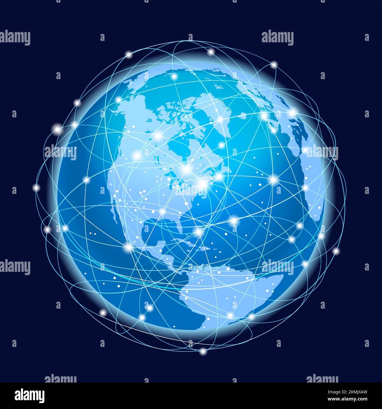 Global Network System – Konzeptdarstellung. Nordamerikanische Karte. Blaues Planet Sphere-Symbol auf dunklem Hintergrund. Vektorillustration. Stock Vektor