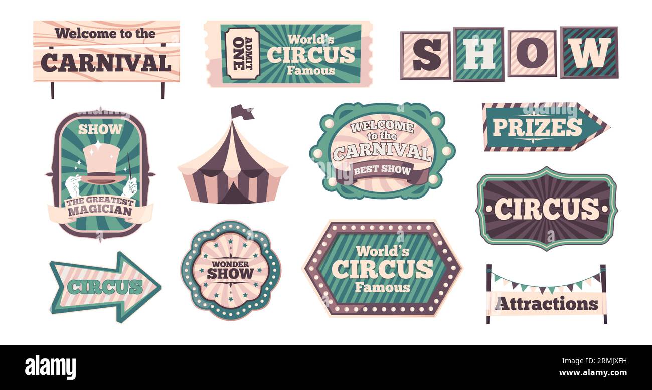 Karnevalsbanner. Retro-Zirkus-Bannervorlagen mit Comic-Textur, Vintage-Bänder für das Kartendesign für Theaterveranstaltungen. Vektorsatz. Ticken Sie für eine Vergnügungsshow, Zeltaufkleber, Wegweiser Stock Vektor